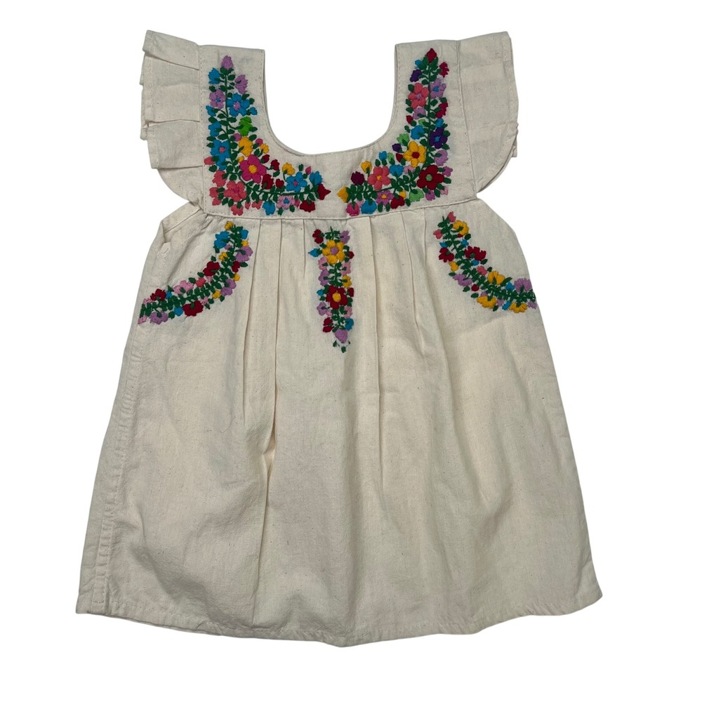 Vintage‎ Mexican Embroidered Floral Dress Kids Size 2 Cream Ruffle Sleeve Boho